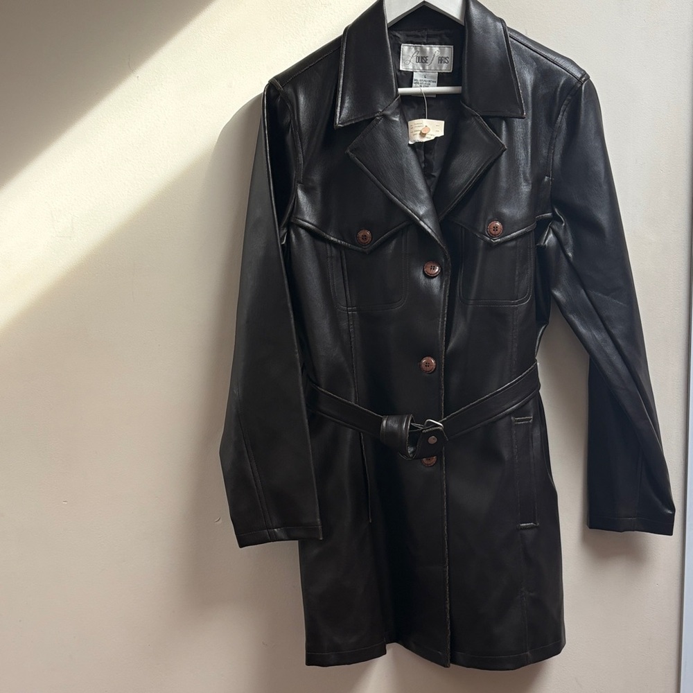 Louise Paris Elegant Brown Leather Belted Jacket Vintage Rare NWT